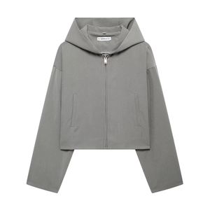 Women's grey zip-up cropped hoodie featuring a minimalist sporty design and athletic fit