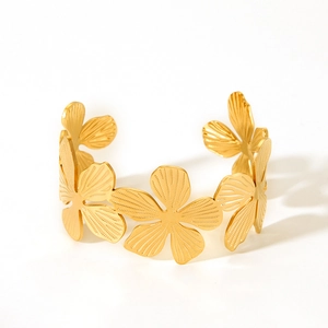 Minimalist 18K gold plated stainless steel open cuff bracelet with floral petal texture