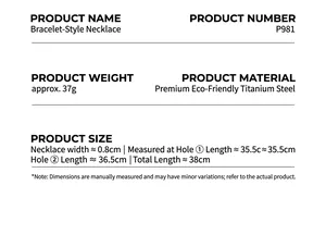 Size chart showing buckle necklace dimensions and high-quality titanium steel material info