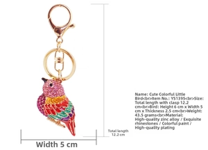 Detailed view of colorful kingfisher keychain with rhinestones and dimensions displayed