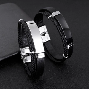 Double-layer braided leather bracelets with stainless steel rectangle plate for couples