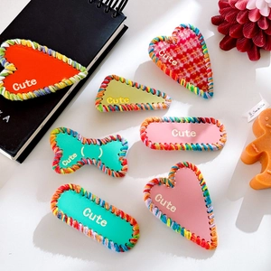 Colorful plush geometric hair clips with woven borders and Cute metal lettering for women