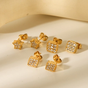 18K gold plated stainless steel star and square stud earrings with white zircons