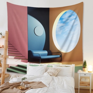 Detail of bohemian tapestry featuring geometric surrealist design in bedroom interior