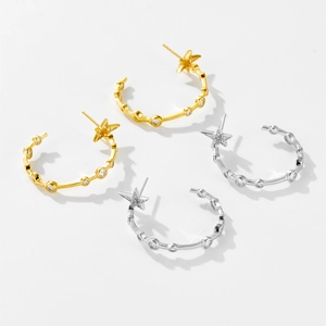 Elegant gold and silver S925 sterling silver star hoop earrings with white zircon accents