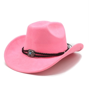 Pink suede western cowboy hat featuring black woven band and turquoise metal buckle detail