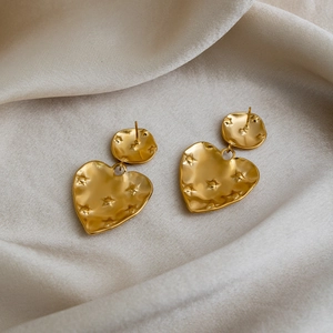 Minimalist 18k gold plated stainless steel heart drop earrings with hammered texture