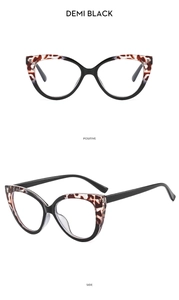 Detailed front and side views of cat-eye TR90 glasses frames in demi black and red pattern