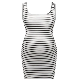 Sleeveless black and white striped maternity dress in ribbed knit fabric for women