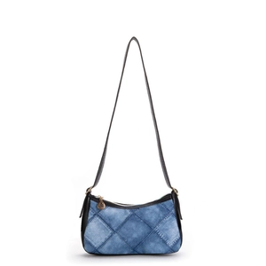 Blue denim underarm bag with diamond quilted pattern and black strap detail