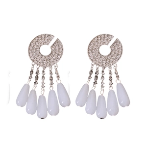 Silver needle rhinestone tassel earrings with milky teardrop pendants in retro style