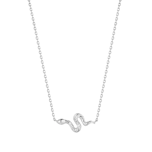Macro shot of S925 sterling silver snake pendant necklace featuring sparkling zircon stones