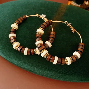 Bohemian Beaded Hoop Earrings Vintage Ethnic Style With Wood And Stone Beads Gold Alloy Metal Earring Post Women