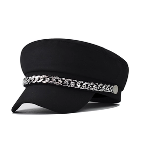 Women Newsboy Cap Cotton Vintage Baker Boy Hat With Rhinestone Metal Chain Autumn Winter Warm Flat Top Painter Hat