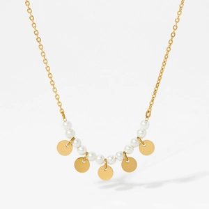 Elegant gold chain necklace with white pearls and minimalist round disc pendants for women