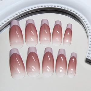 Elegant gradient pink-brown press-on nails with lavender purple French tips long coffin shape