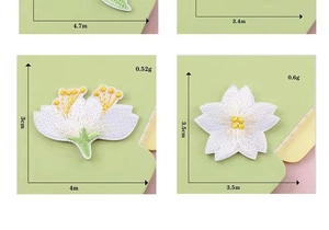Detailed size chart for white cherry blossom embroidery patches with weight specifications
