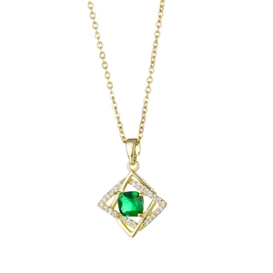 Gold stainless steel necklace with square green crystal pendant and zircon accents on white