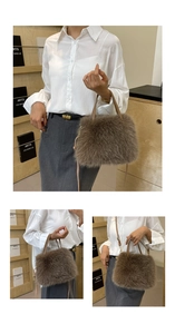 Detailed views of a brown faux fox fur handbag with a plush texture and crossbody strap