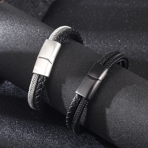 Detail of double-layer braided leather bracelets for men with stainless steel magnetic clasps