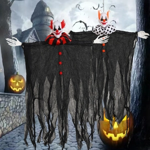 Halloween hanging clown ghost decorations with black gauze and red hair details