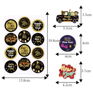 Happy New Year decorative stickers in black and gold theme with various festive patterns