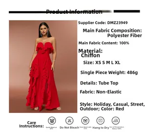 Macro view of red strapless maxi dress featuring tiered ruffles and slit detail