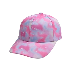 Detail of pink and light blue tie-dye baseball cap with starry starburst patterns