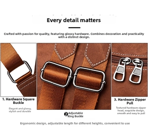 Detail of adjustable metal buckles and dual zippers on brown fabric backpack
