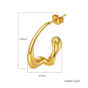 Golden irregular C-shape hoop earrings with dimensions 24.6mm by 20.6mm shown on white background