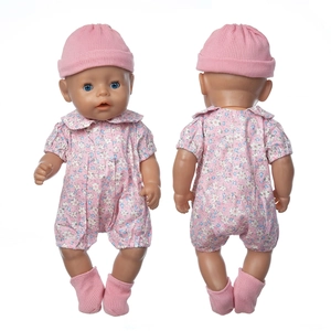 Pink floral doll outfit with knit hat and socks for 43cm baby dolls front and back view