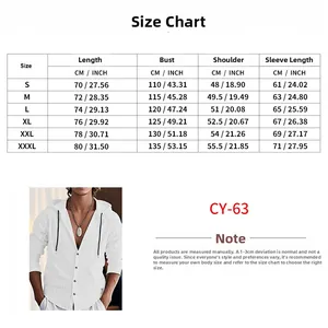 Detailed size chart for men's striped linen hooded shirt with measurements in cm and inches