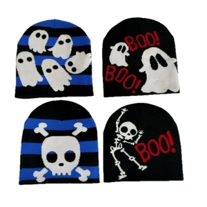 Knit beanie hats set featuring skeleton and ghost patterns for hip-hop outdoor styling