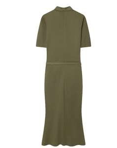 Detail view of the olive green midi dress back with short sleeves and waist belt ties