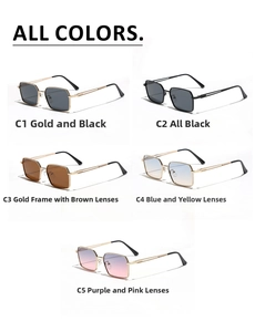 Multiple stylish square metal sunglasses showing five color options from C1 to C5