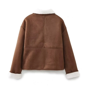 Flat lay back view of brown suede jacket with white faux fur collar on white background