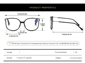 Detailed size chart with precise dimensions for fashion blue light reading glasses