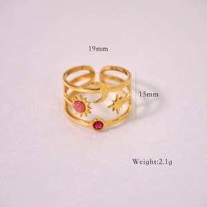 Detailed size parameters of gold sun moon star ring showing 19mm width and 15mm height