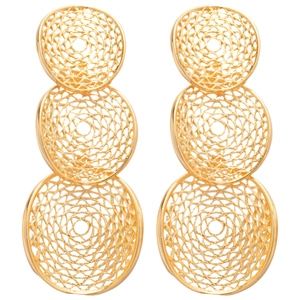 Modern gold hollowed geometric earrings with a triple circular layered drop design