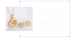 Detail of 18K gold-plated stainless steel jewelry set with LOVE cutout round pendants
