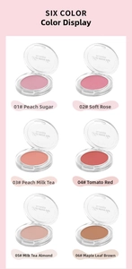 Six-color palette display featuring natural pink and earth-tone matte blushes and highlighters
