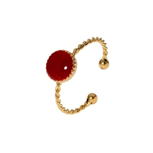 Vintage 18K gold plated stainless steel open ring with red round enamel detail