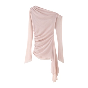 Women One Shoulder Chiffon Mesh Blouse Ruched Ruffle Sweet Elegant Solid Pink Long Sleeve Off Shoulder Top