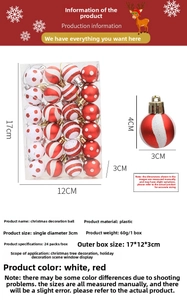 Close-up of 24pcs 3cm red and white Christmas ball set with detailed size and material specs