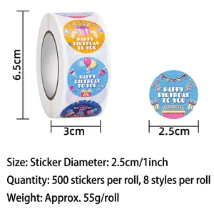 500pcs Happy Birthday labels, 1 inch round stickers with 8 colorful designs for gift sealing