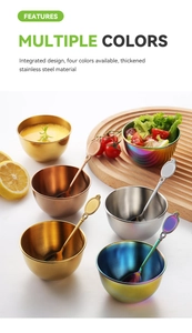 Close-up of colorful stainless steel sauce bowls and matching spoons on a wooden tray