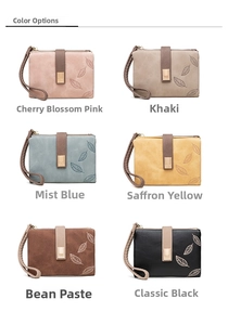 Flat lay showing six pastel colors of women's short wallets with leaf pattern and wristlet