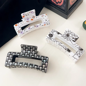 Halloween Hair Claw Clips Plastic Square Large Pumpkin Ghost Skull Pattern Non Slip Festive Accessories For Women