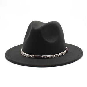 Close-up of black wool felt fedora with detailed black and white woven rope band