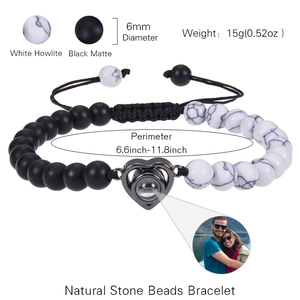 Customized photo projection heart pendant bracelet with tiger eye and matte stone beads